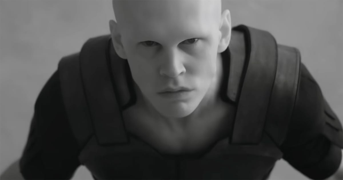 Actor Austin Butler as Feyd-Rautha in dark armor, staring upward in stark monochrome light.