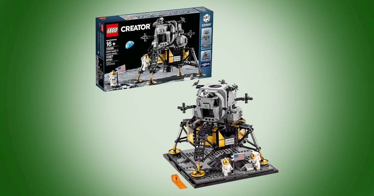LEGO Creator Expert NASA Apollo 11 Lunar Lander set with astronauts, lunar surface base, and box shown on green background.