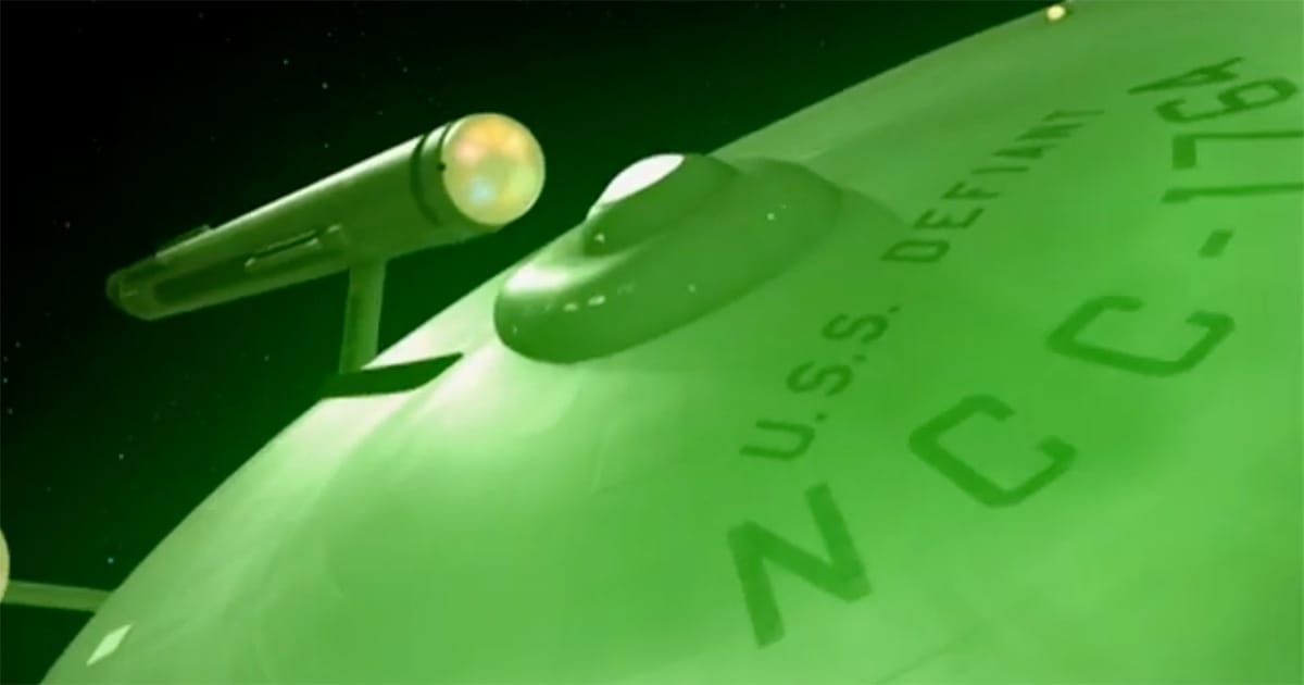 The ghost ship of Star Trek glows in the quiet geometry of the unknown.