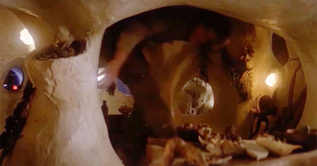 Yoda’s hut set from The Empire Strikes Back with a red and cream striped snake on the table used for Dagobah realism