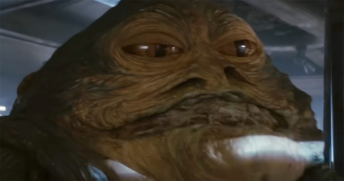 Jabba the Hutt sitting in his dimly lit palace, looking smug and unbothered.
