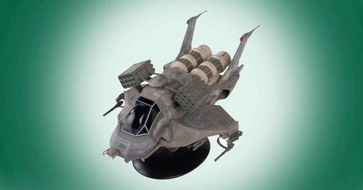 Battlestar Galactica Heavy Raptor die cast model on display stand