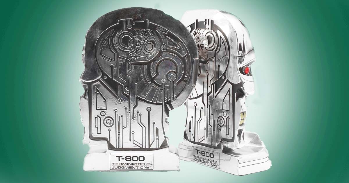 T 800 Terminator 2 metal bookends with hand painted sci fi skull design.
