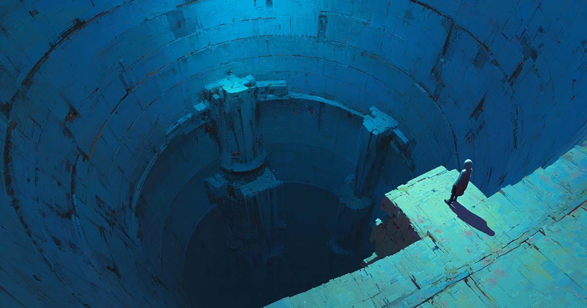 A lone traveler stands on a ledge above a vast blue cylindrical chamber that drops into shadow, suggesting a moment of reflection before a deeper step.