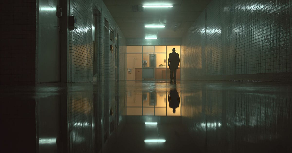 Lone man standing under fluorescent lights in a tiled hallway with his reflection in the floor.