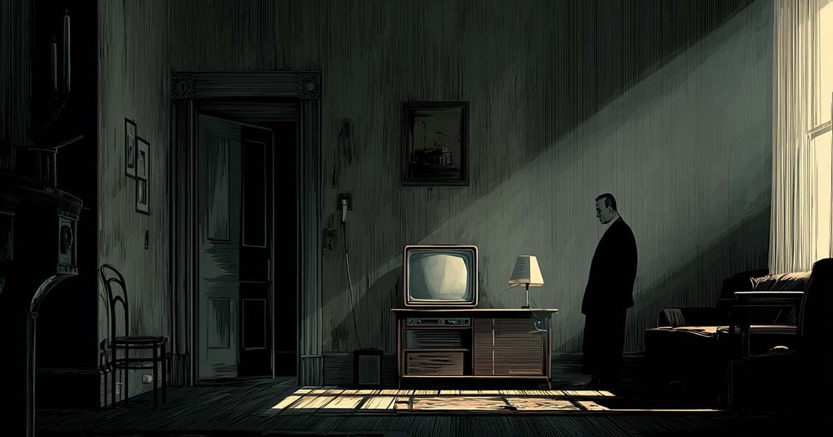 Man standing alone in a dim apartment beside an old television with light cutting across the room.