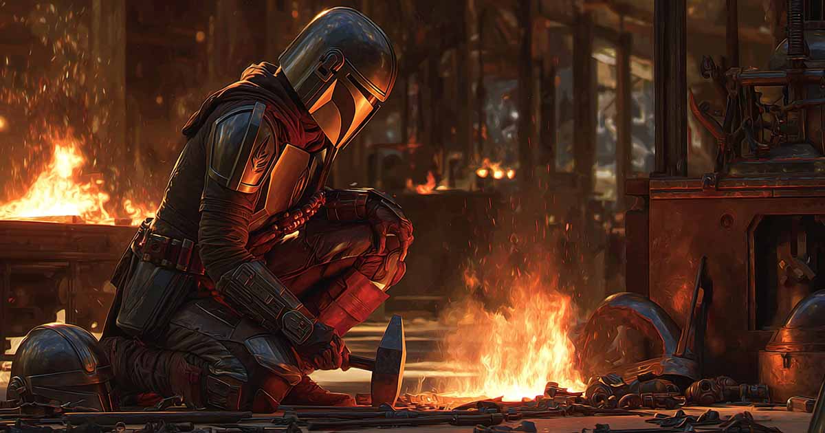 Mandalorian Armorer forging armor in a glowing forge surrounded by sparks.