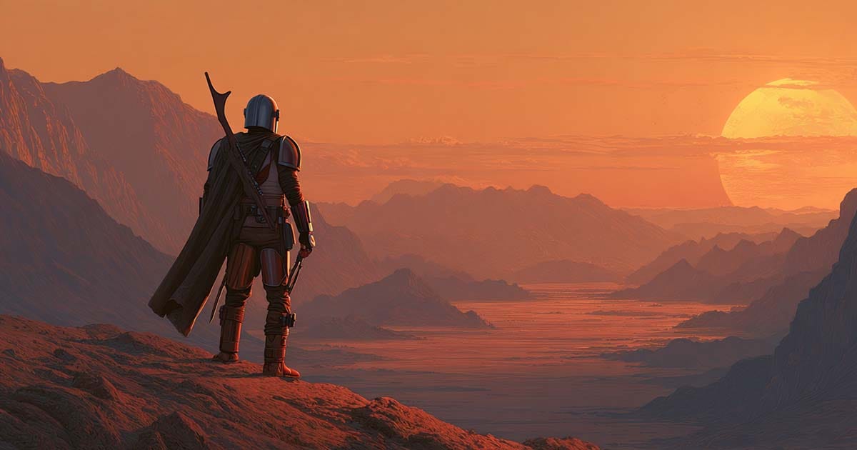 A Mandalorian standing on a ridge at sunset overlooking a vast desert landscape.