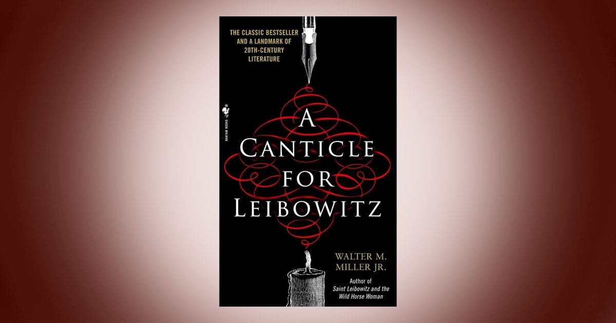 Cover of A Canticle for Leibowitz by Walter M. Miller Jr classic science fiction novel featuring red design on black background.