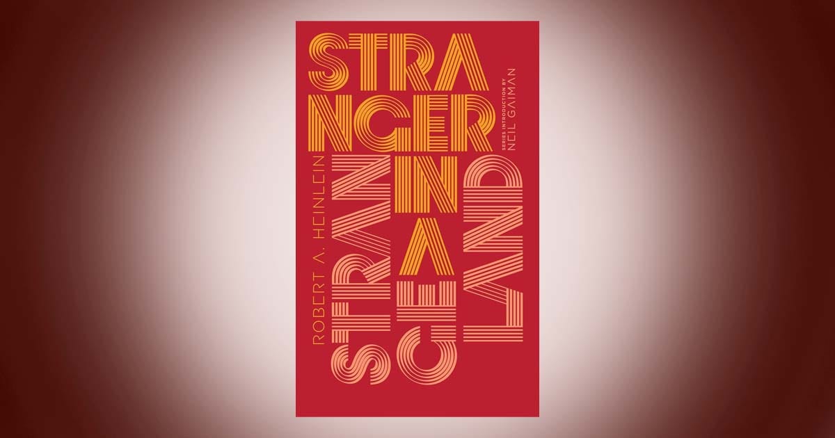 Cover of Stranger in a Strange Land by Robert A Heinlein classic science fiction novel Penguin Galaxy edition with red and orange geometric text design.