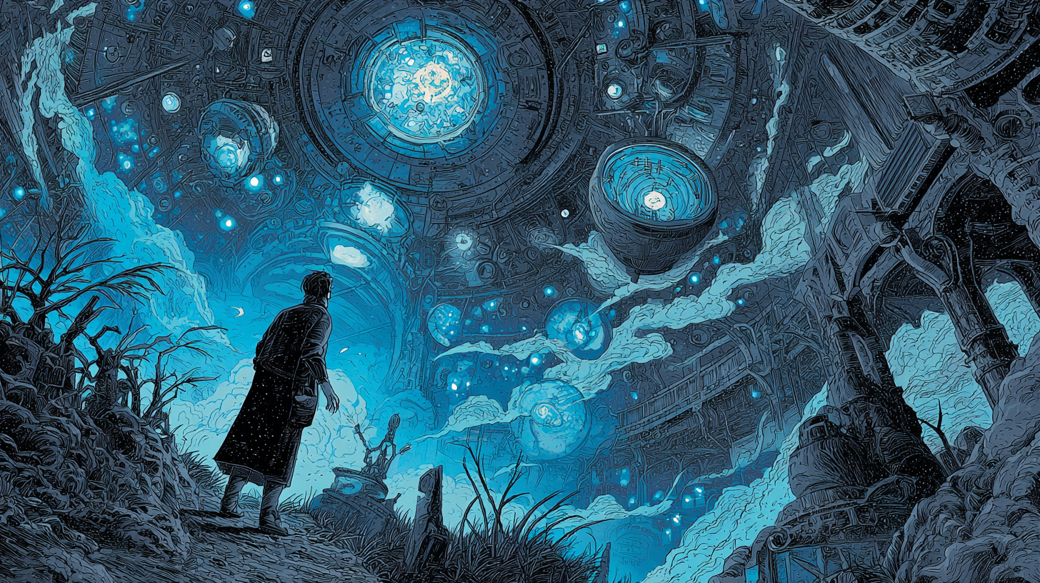 Retro science fiction artwork of a man looking up at a glowing alien structure filled with blue light and machinery