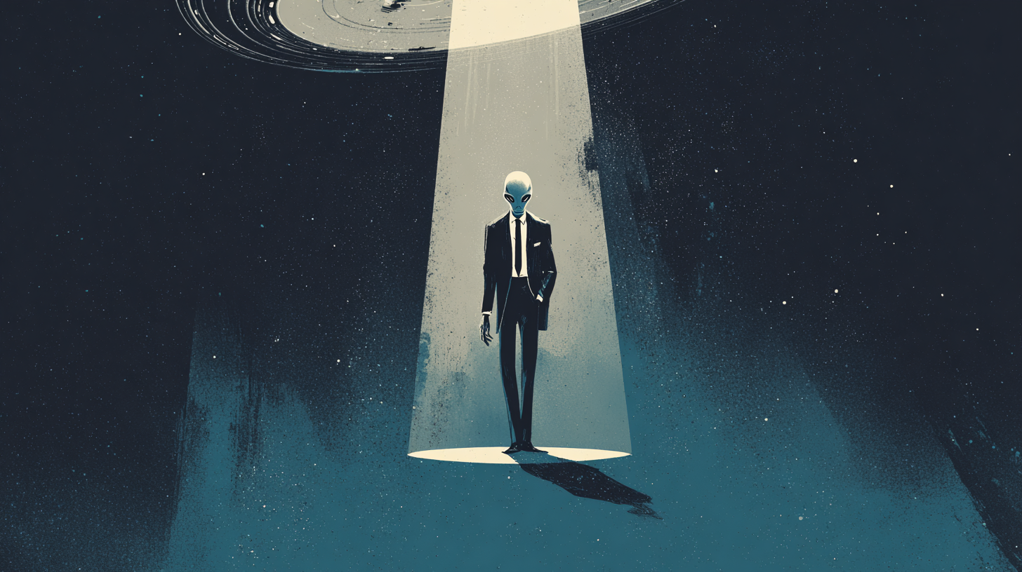 Stylized artwork of an alien in a suit standing in a spotlight against a starry sky in retro mid-century style