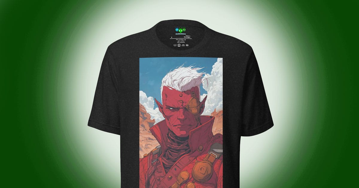 Illustrated science fiction T-shirt showing a red-skinned alien warlord with white hair, a cybernetic monocle, and battle-worn gear standing in a desert under alien skies.