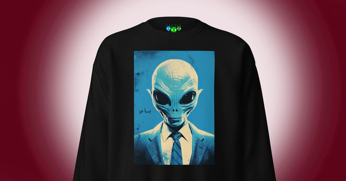 Stylized blue alien in a suit on a black premium sweatshirt.
