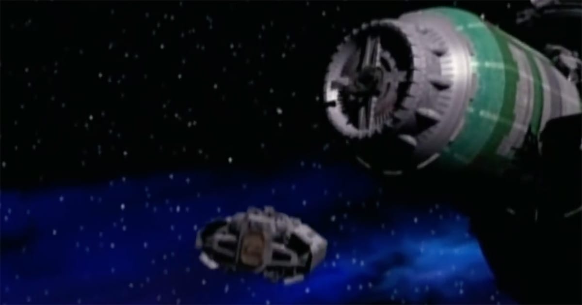 Early CGI rendering of the Babylon 5 space station created using Amiga and Video Toaster technology.