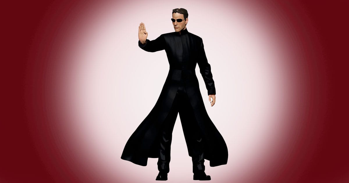 Hallmark Neo Christmas ornament inspired by The Matrix, featuring Neo in his iconic black coat and pose.