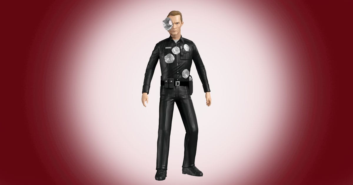 Hallmark Christmas ornament of the T-1000 from Terminator 2 with liquid metal damage details.