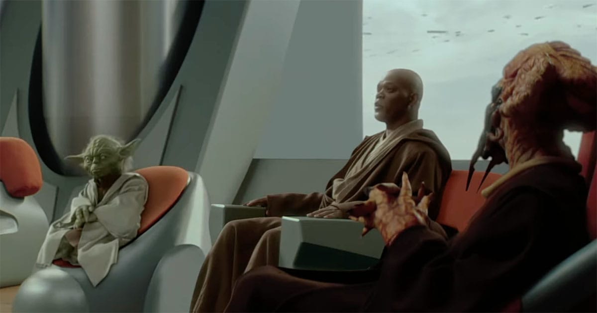 Senior Jedi Masters seated in Council chambers during a formal deliberation