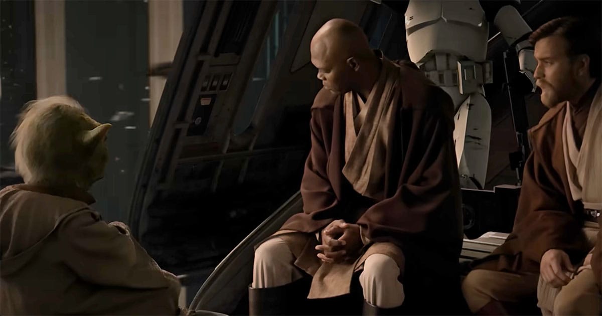 Yoda and Jedi Masters conferring inside the Jedi Temple on Coruscant.