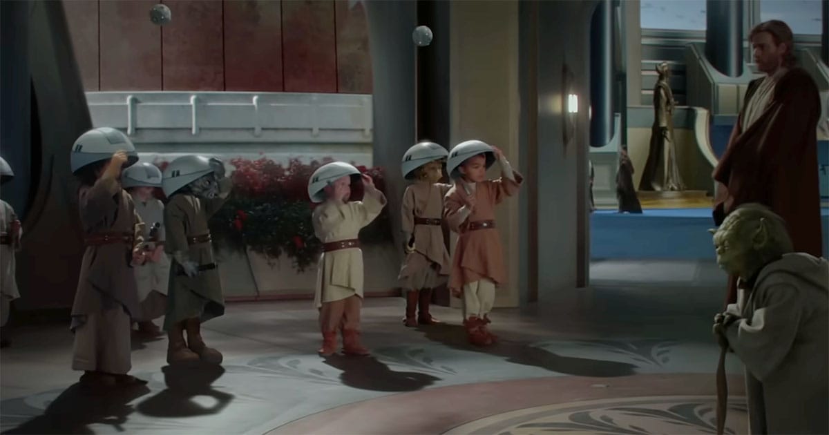 Young Jedi initiates receiving instruction inside the Jedi Temple.