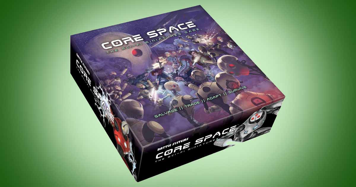 Core Space science fiction board game box featuring trader crews and alien threats in a modular space station setting