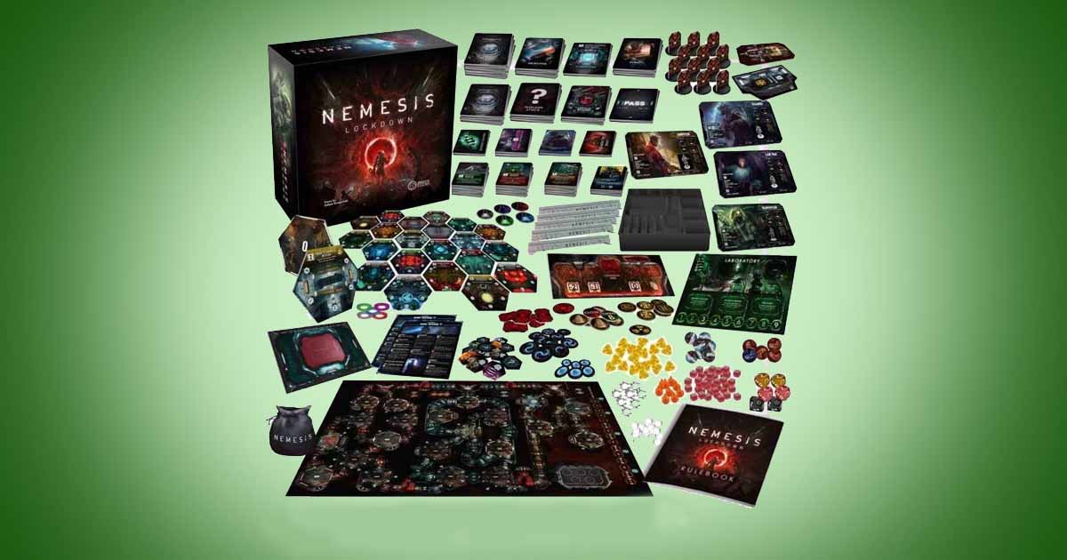 Nemesis Lockdown science fiction board game components laid out showing Martian base map tiles, cards, tokens, and survival mechanics.