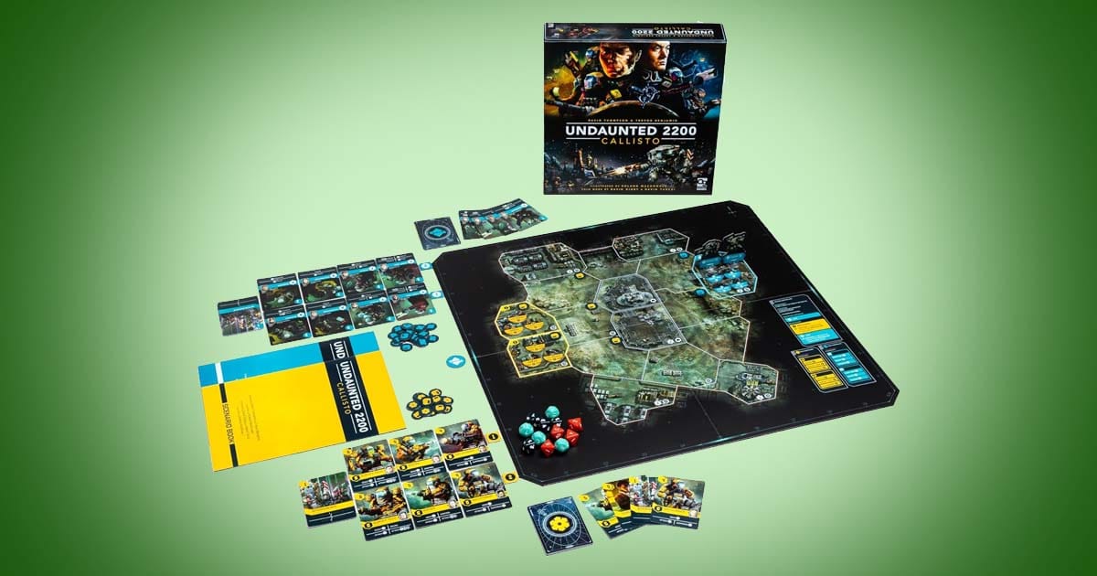 Undaunted 2200 Callisto science fiction board game components showing lunar battlefield map, cards, dice, and tactical setup.