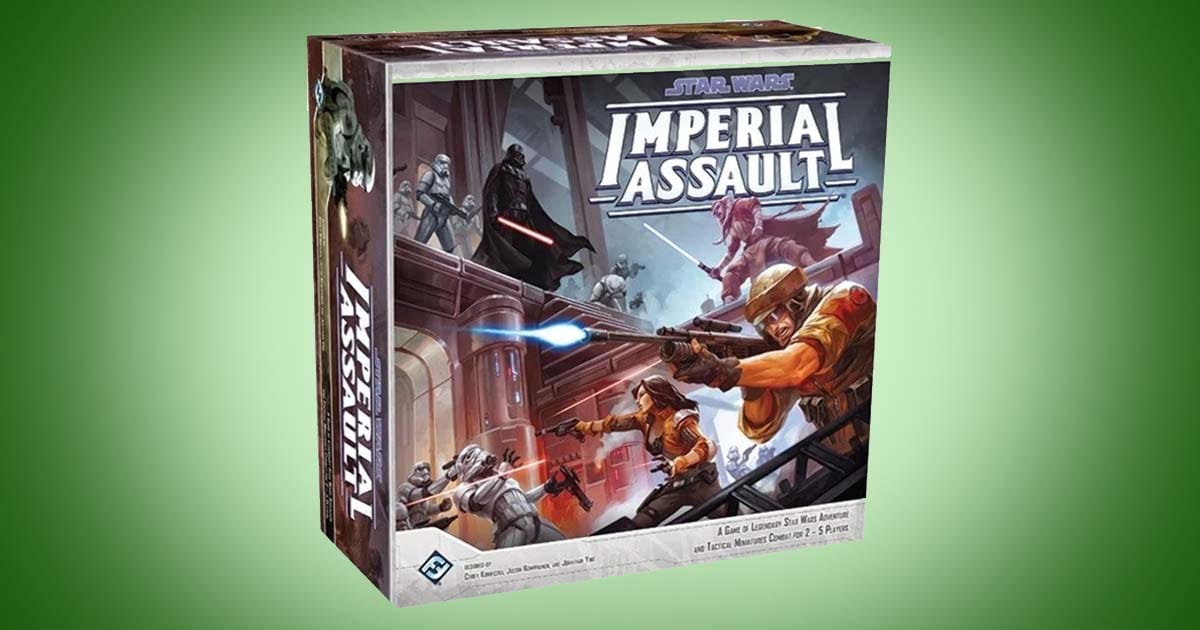 Star Wars Imperial Assault science fiction board game box showing Rebel heroes and Imperial forces in tactical combat scenes.
