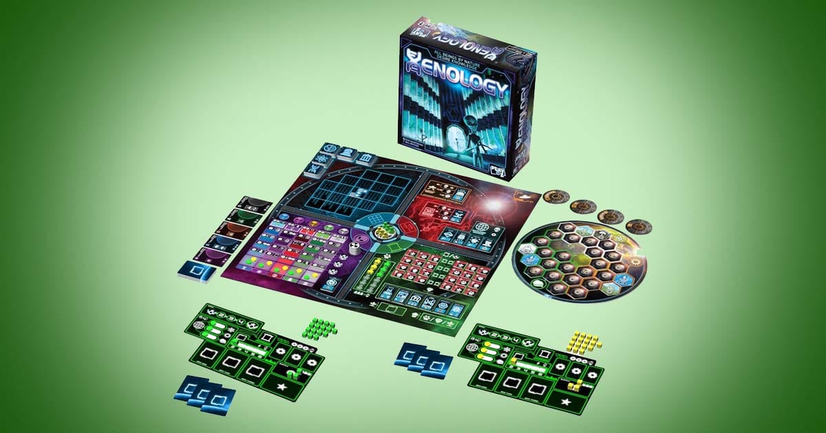 Xenology science fiction board game components laid out on the table showing alien research boards, planetary map, and strategic tokens.