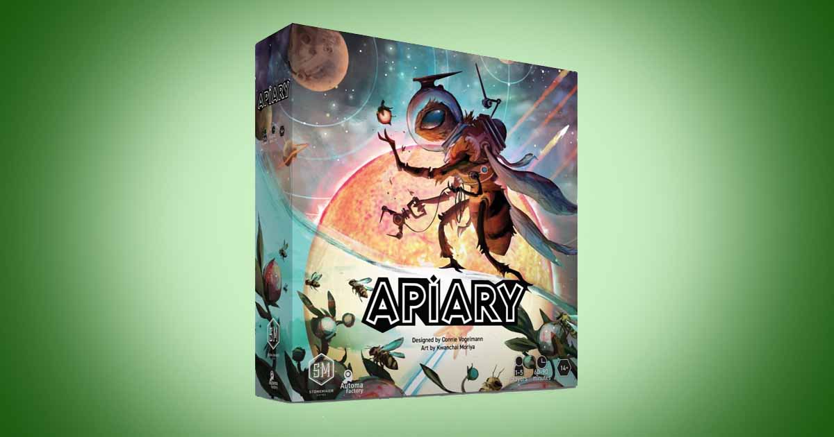 Apiary science fiction board game box showing spacefaring bees exploring planets and building a hive civilization