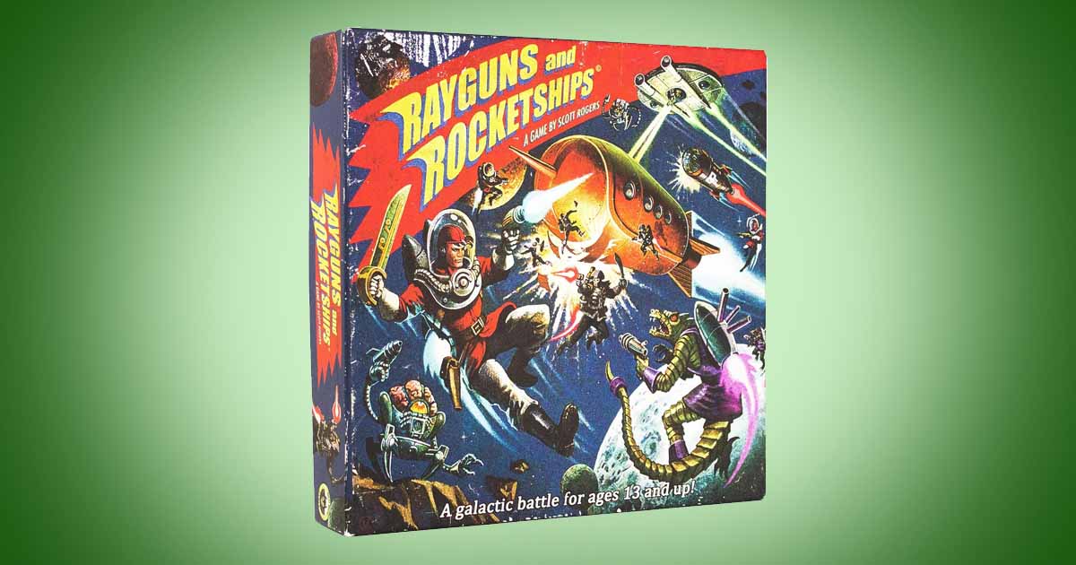 Rayguns and Rocketships science fiction board game box with retro pulp artwork showing space heroes, aliens, and classic raygun combat.