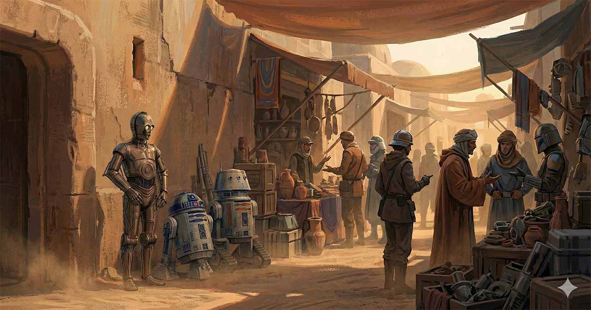 Droids stand quietly along a desert marketplace wall while human traders negotiate nearby, illustrating their second-class status in Star Wars.