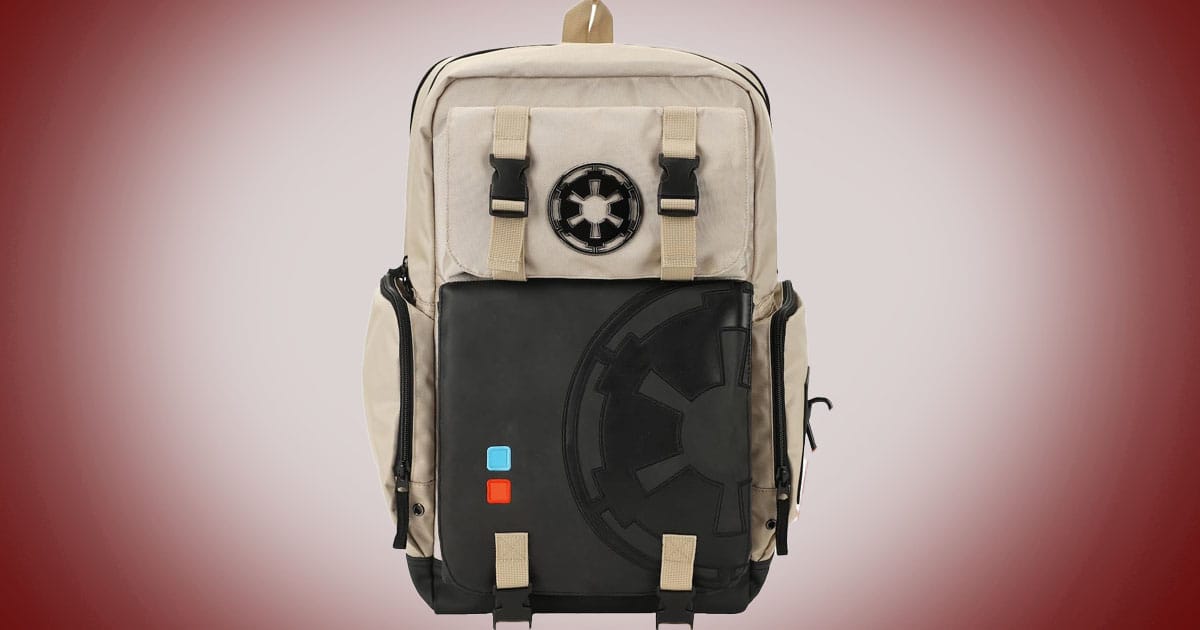 Star Wars lightsaber themed white backpack with control panel design, black front panel, and built up compartments.