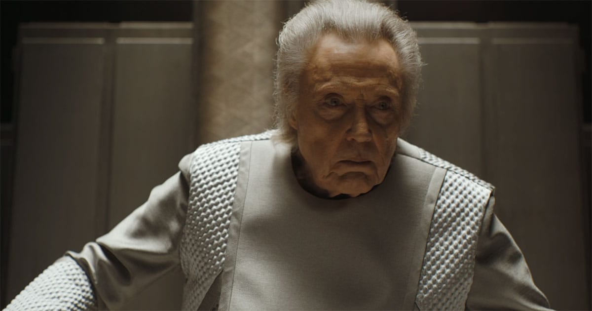 Close-up of Emperor Shaddam IV portrayed by Christopher Walken in Dune Part Two.