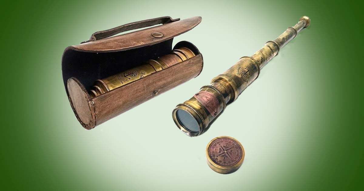 Scout Regiment Brass Telescope with leather case, vintage nautical spyglass telescope replica for collectors, inspired by classic exploration and early science fiction design.