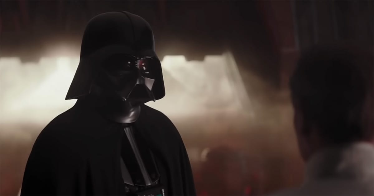 Darth Vader facing Luke Skywalker in dim interior setting in Star Wars Episode IV A New Hope.