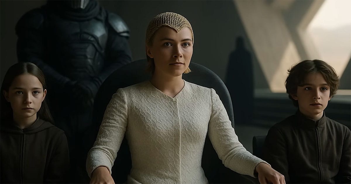 Princess Irulan seated calmly in a formal setting with two children at her sides.