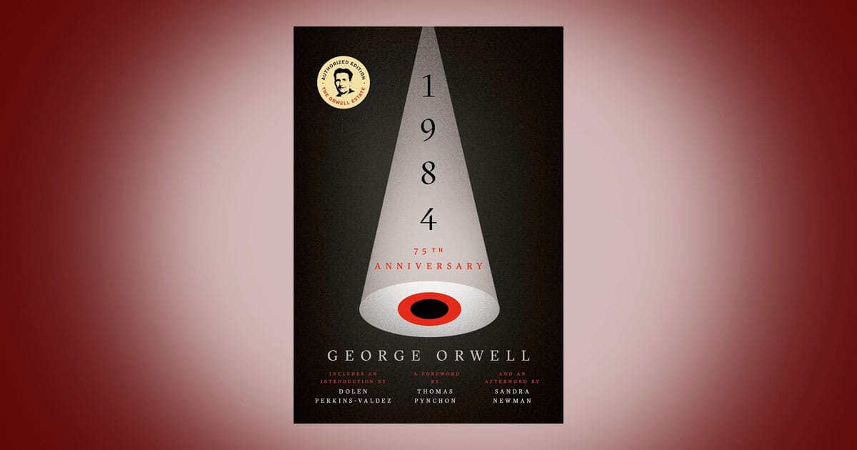 Cover of 1984 by George Orwell showing a stark cone of light with the numbers 1 9 8 4 descending toward a red eye at the base, symbolizing surveillance, control, and the loss of privacy.