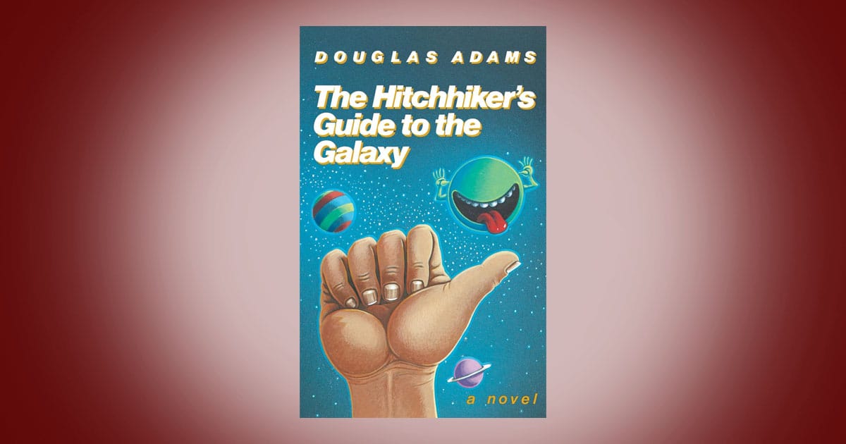 Cover of The Hitchhiker’s Guide to the Galaxy by Douglas Adams showing a raised human thumb in space, colorful planets, and a smiling green alien face, conveying humor, absurdity, and cosmic adventure.