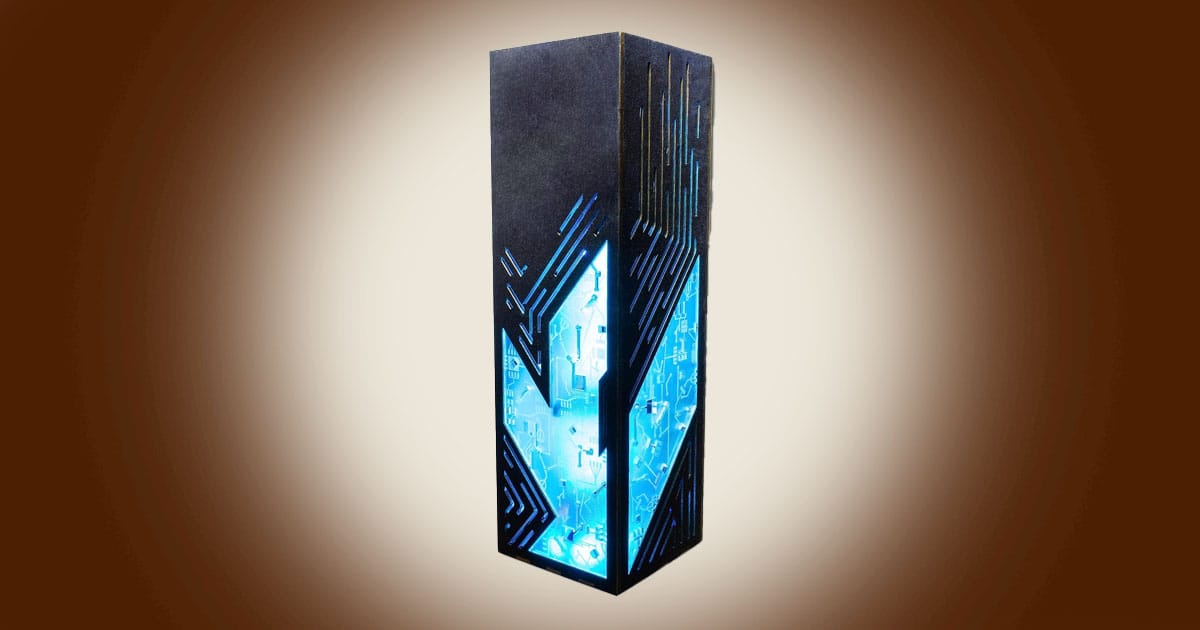 A tall illuminated monolith suggesting hidden systems, silent computation, and the calm presence of advanced intelligence.