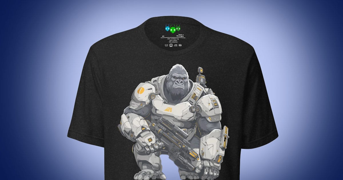Illustration of a space-faring gorilla in white futuristic armor holding a heavy sci-fi weapon, Ironclaw Bongo of Kongara, featured on a black science fiction t-shirt.