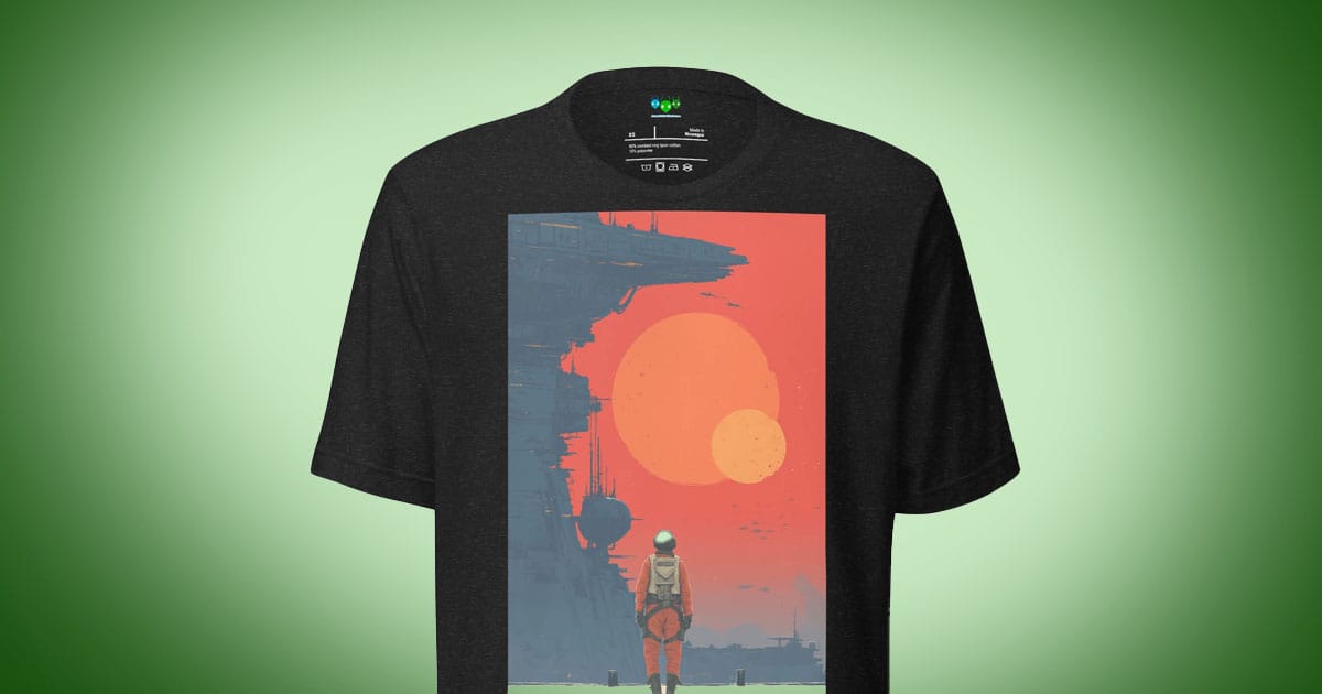 Black science fiction t-shirt featuring a lone pilot beneath twin moons in a futuristic hangar.