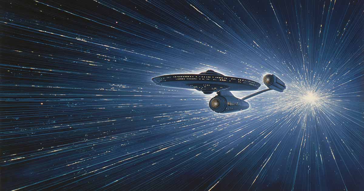Classic science fiction artwork of a starship traveling through hyperspace with streaking stars.