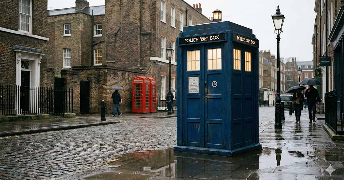 The Doctor Who TARDIS police box on a wet London street.