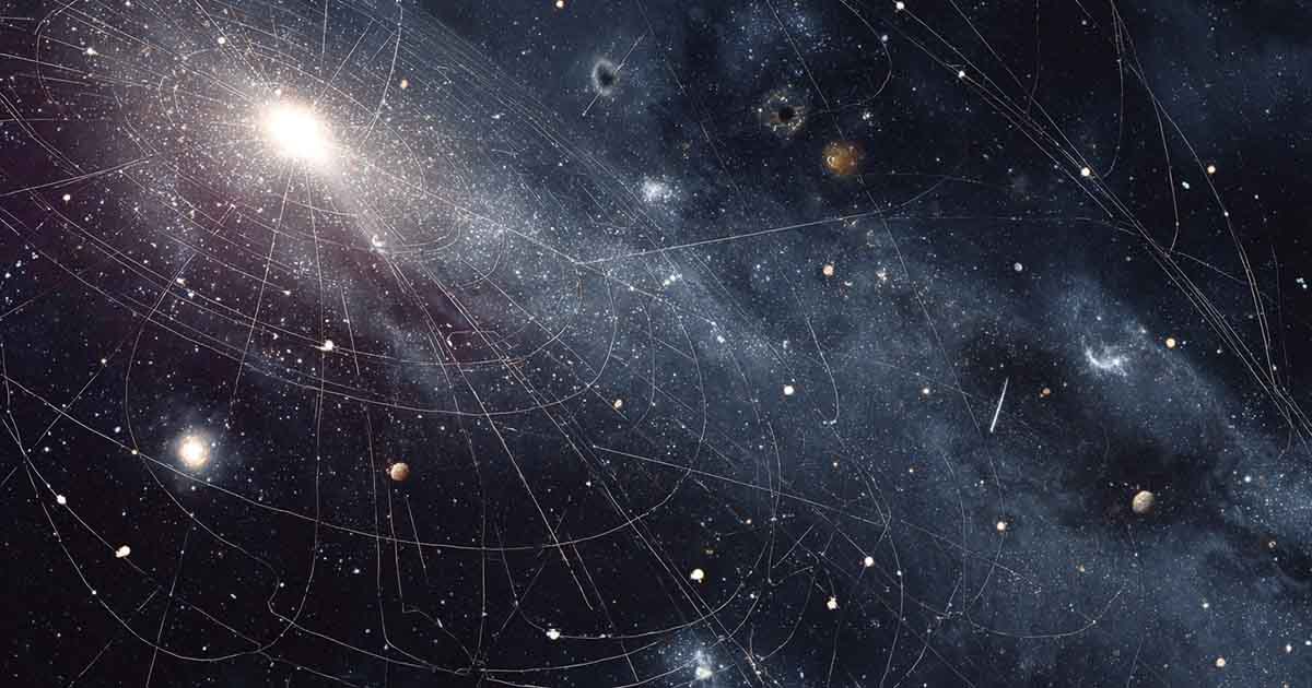 Science fiction illustration of a galactic star field with abstract hyperspace route lines.