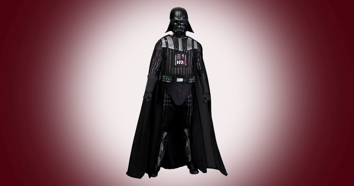Deluxe adult Darth Vader costume with full black cape, armor details, mask, and belt in standing pose.