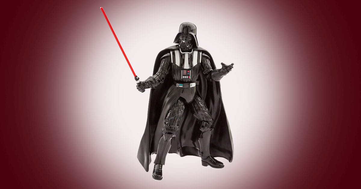 Darth Vader 14 inch talking action figure with red lightsaber and black cape in battle stance.