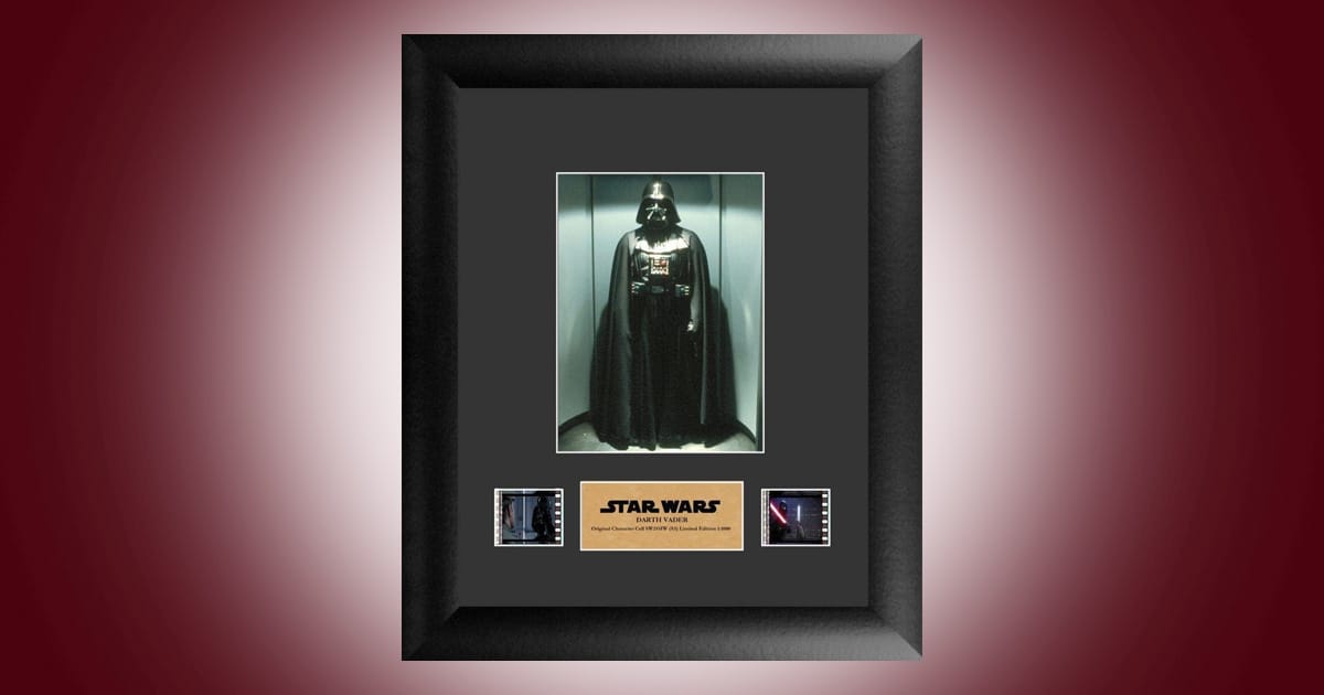 Framed Darth Vader FilmCells display with photo and two authentic 35mm film strips from Star Wars movies.