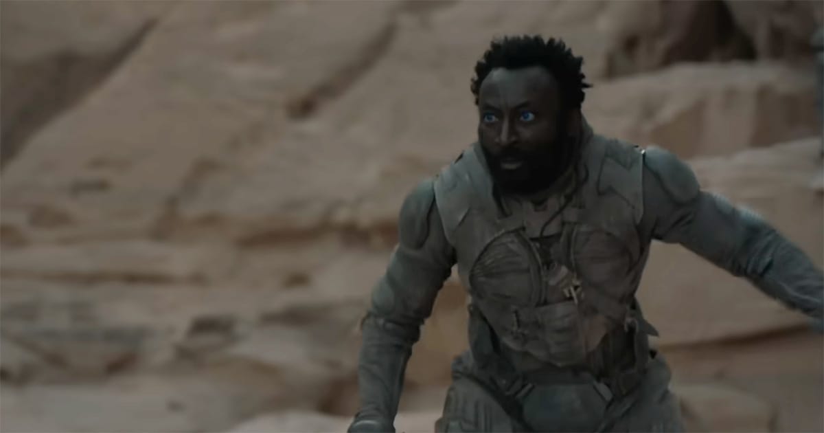 Jamis standing ready for ritual combat in the desert canyon with blue Fremen eyes in Dune 2021.