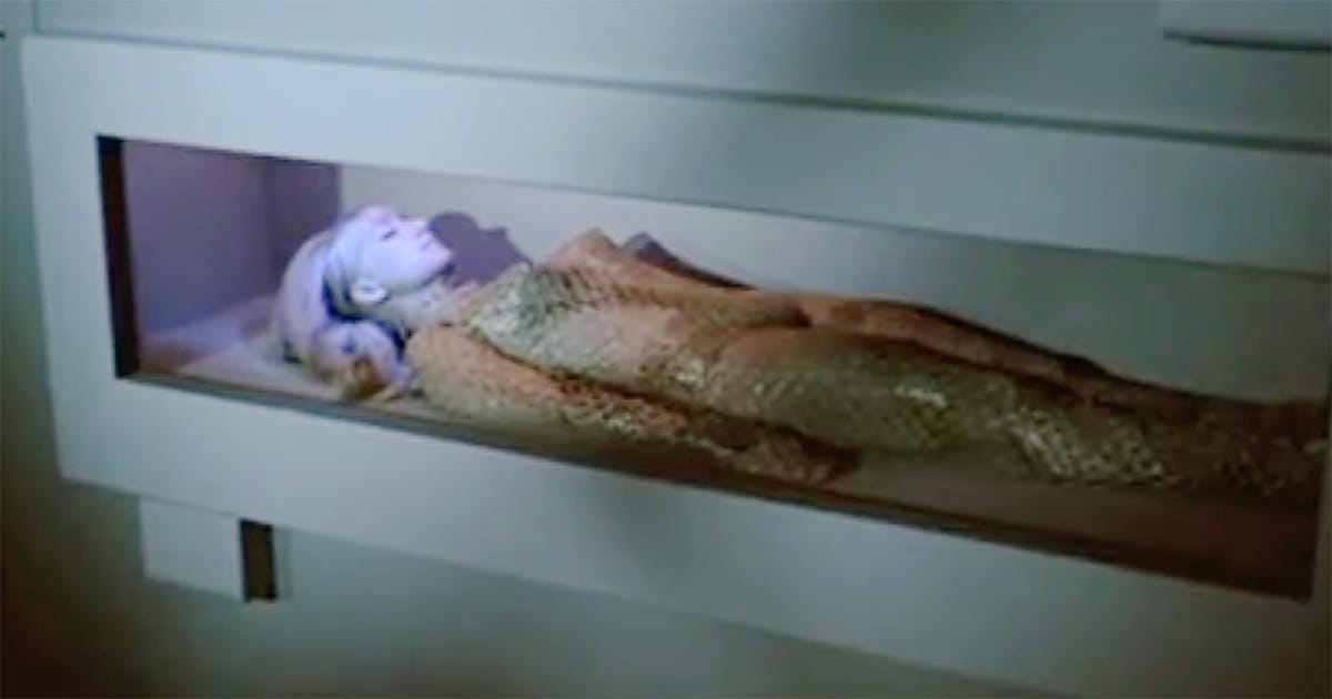 Genetically engineered human resting inside a sleeper pod aboard the Botany Bay in Star Trek The Original Series Space Seed